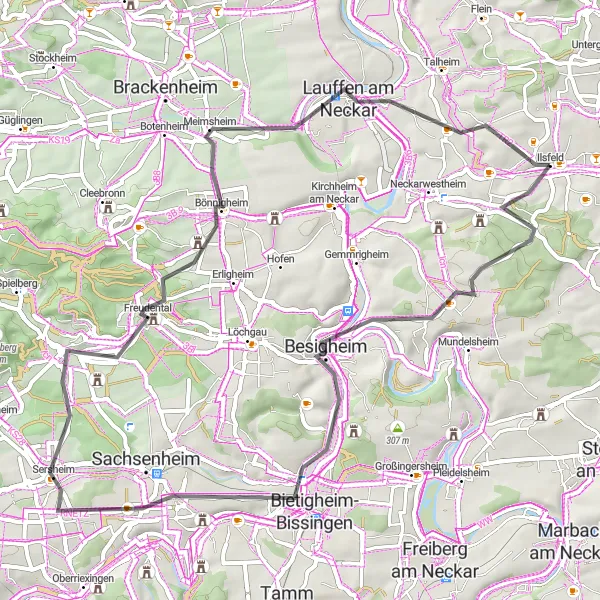 Map miniature of "Walheim to Lauffen am Neckar Road Trip" cycling inspiration in Stuttgart, Germany. Generated by Tarmacs.app cycling route planner
