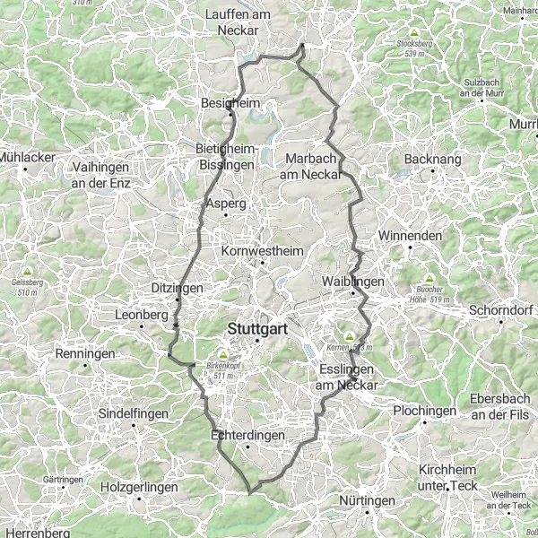 Map miniature of "The Stuttgart Circular" cycling inspiration in Stuttgart, Germany. Generated by Tarmacs.app cycling route planner