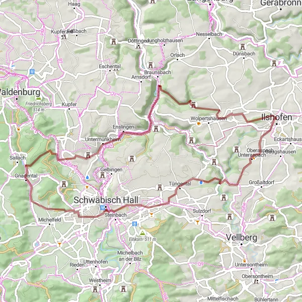 Map miniature of "Gravel Adventure near Tüngental" cycling inspiration in Stuttgart, Germany. Generated by Tarmacs.app cycling route planner