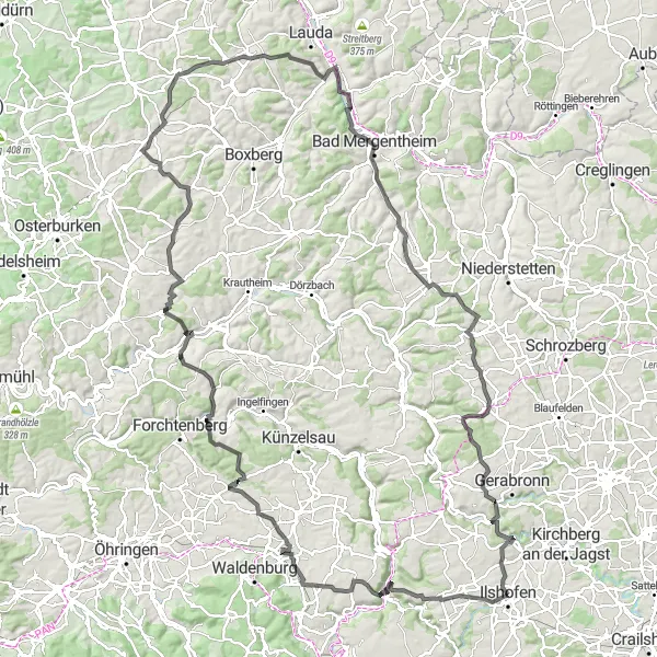 Map miniature of "The Hills of Wolpertshausen" cycling inspiration in Stuttgart, Germany. Generated by Tarmacs.app cycling route planner