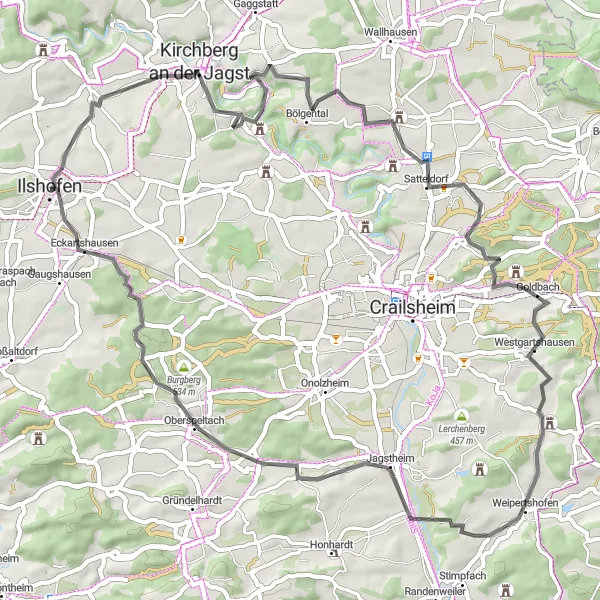 Karten-Miniaturansicht der Radinspiration "Kirchberg an der Jagst und Burgbergturm" in Stuttgart, Germany. Erstellt vom Tarmacs.app-Routenplaner für Radtouren