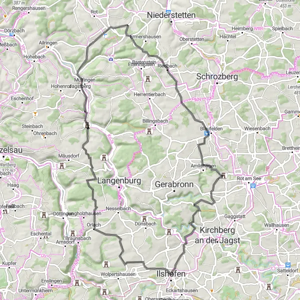 Map miniature of "Scenic Ride to Burg Werdeck" cycling inspiration in Stuttgart, Germany. Generated by Tarmacs.app cycling route planner