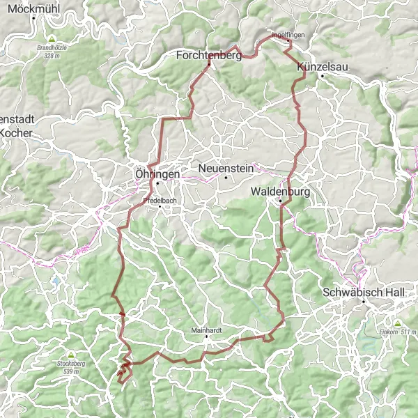Karten-Miniaturansicht der Radinspiration "Gravel Tour um Waldenburg" in Stuttgart, Germany. Erstellt vom Tarmacs.app-Routenplaner für Radtouren