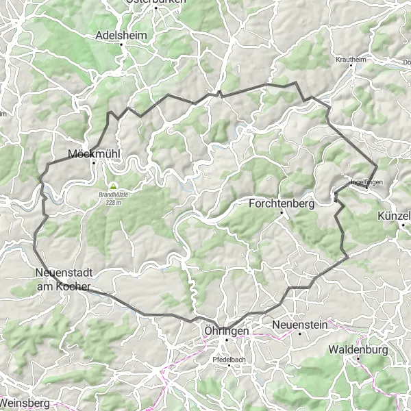 Map miniature of "Ingelfingen Gravel Adventure" cycling inspiration in Stuttgart, Germany. Generated by Tarmacs.app cycling route planner