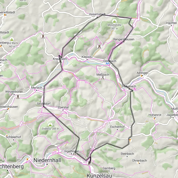 Map miniature of "Ingelfingen Scenic Road Ride" cycling inspiration in Stuttgart, Germany. Generated by Tarmacs.app cycling route planner