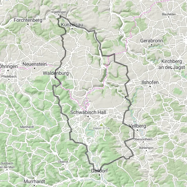 Map miniature of "Ingelfingen Countryside Delight" cycling inspiration in Stuttgart, Germany. Generated by Tarmacs.app cycling route planner