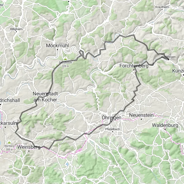 Karten-Miniaturansicht der Radinspiration "Rundfahrt über Aussichtshütte und Öhringen" in Stuttgart, Germany. Erstellt vom Tarmacs.app-Routenplaner für Radtouren