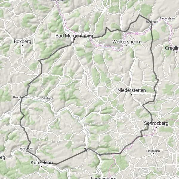 Karten-Miniaturansicht der Radinspiration "Rundfahrt über Aussichtshütte und Röttingen" in Stuttgart, Germany. Erstellt vom Tarmacs.app-Routenplaner für Radtouren