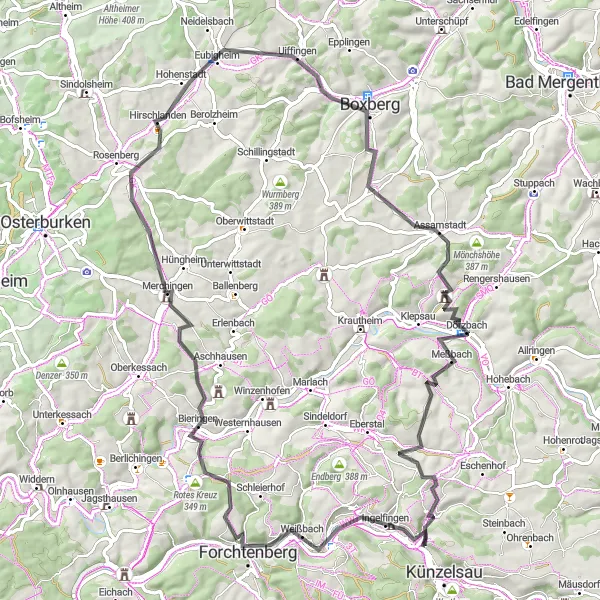Map miniature of "The Road to Boxberg" cycling inspiration in Stuttgart, Germany. Generated by Tarmacs.app cycling route planner