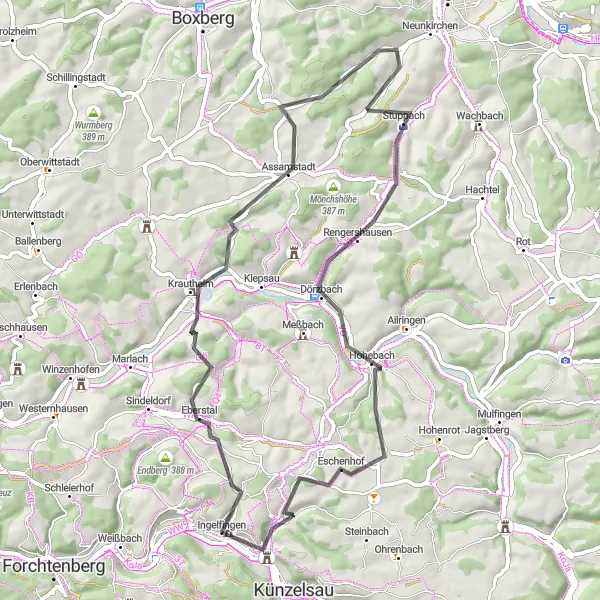 Map miniature of "The Krautheim Ride" cycling inspiration in Stuttgart, Germany. Generated by Tarmacs.app cycling route planner