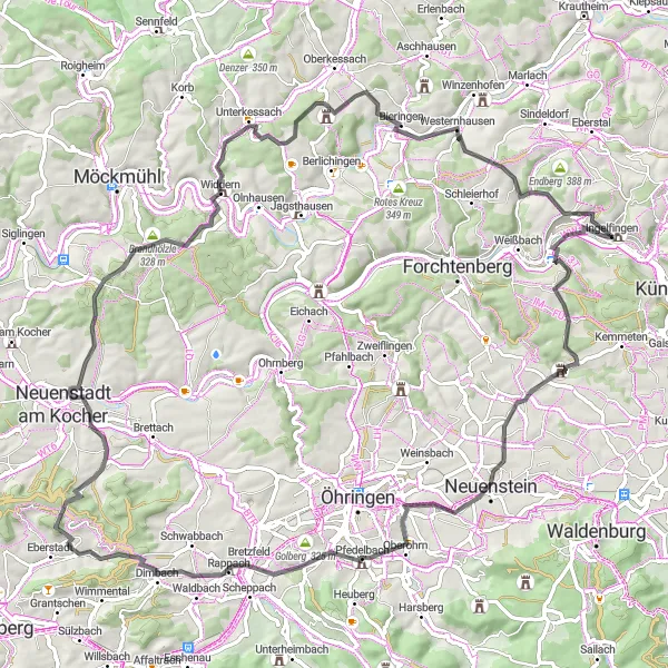 Map miniature of "The Kocher-Jagst Round-trip" cycling inspiration in Stuttgart, Germany. Generated by Tarmacs.app cycling route planner