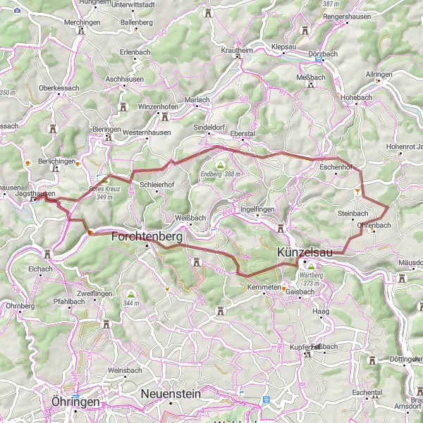 Map miniature of "Gravel Ride around Jagsthausen" cycling inspiration in Stuttgart, Germany. Generated by Tarmacs.app cycling route planner
