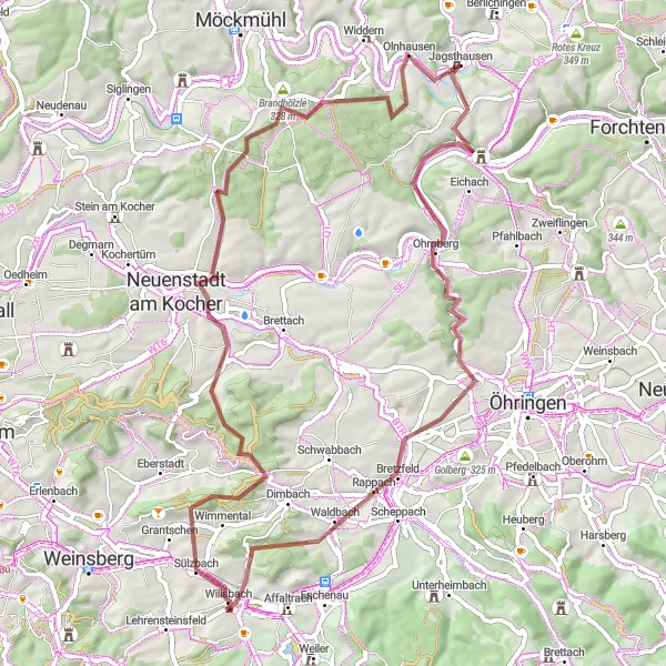 Map miniature of "The Scenic Gravel Challenge" cycling inspiration in Stuttgart, Germany. Generated by Tarmacs.app cycling route planner
