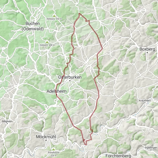 Map miniature of "The Adelsheim Gravel Expedition" cycling inspiration in Stuttgart, Germany. Generated by Tarmacs.app cycling route planner