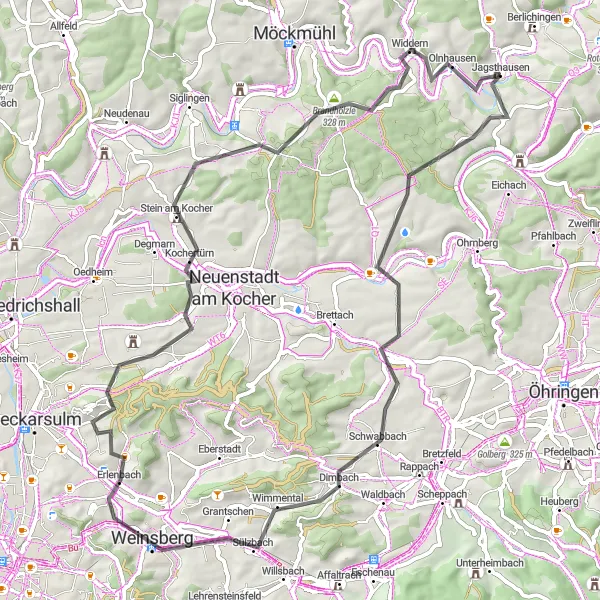 Map miniature of "Jagsthausen to Kochersteinsfeld Loop" cycling inspiration in Stuttgart, Germany. Generated by Tarmacs.app cycling route planner