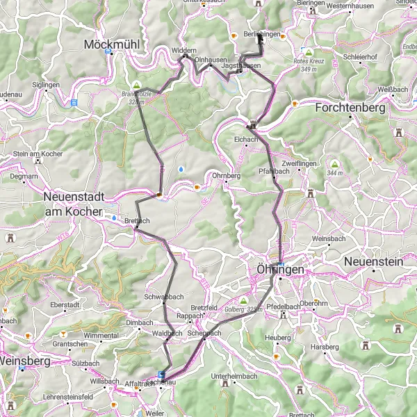 Map miniature of "Jagsthausen to Sindringen Loop" cycling inspiration in Stuttgart, Germany. Generated by Tarmacs.app cycling route planner