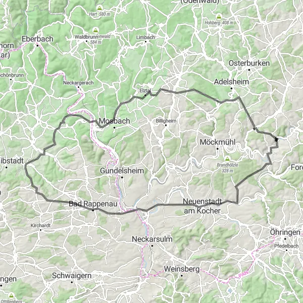 Map miniature of "Jagsthausen to Mittelberg Loop" cycling inspiration in Stuttgart, Germany. Generated by Tarmacs.app cycling route planner