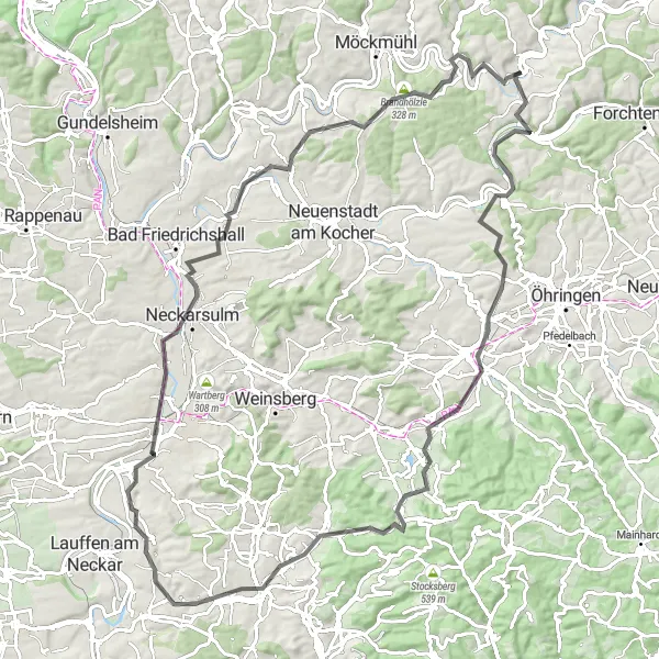 Map miniature of "The Jagsthausen Road Adventure" cycling inspiration in Stuttgart, Germany. Generated by Tarmacs.app cycling route planner