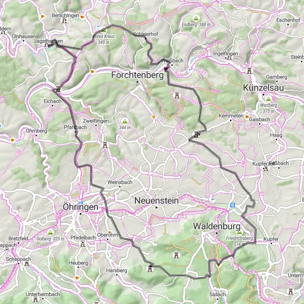 Map miniature of "Hermersberg Circuit via Neusaß and Burg Gabelstein" cycling inspiration in Stuttgart, Germany. Generated by Tarmacs.app cycling route planner