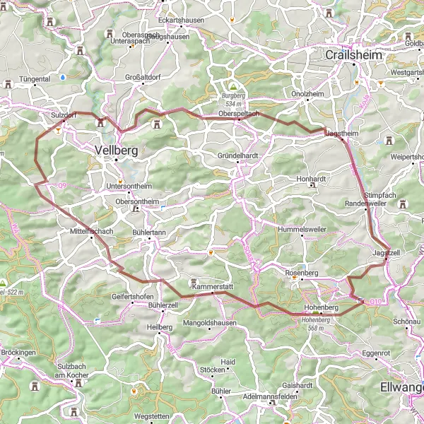 Map miniature of "Gravel Adventure to Jagstheim and Burg Buch" cycling inspiration in Stuttgart, Germany. Generated by Tarmacs.app cycling route planner