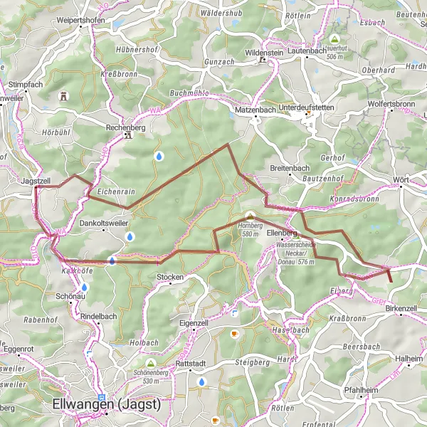 Map miniature of "Hintersteinbach Gravel Loop" cycling inspiration in Stuttgart, Germany. Generated by Tarmacs.app cycling route planner