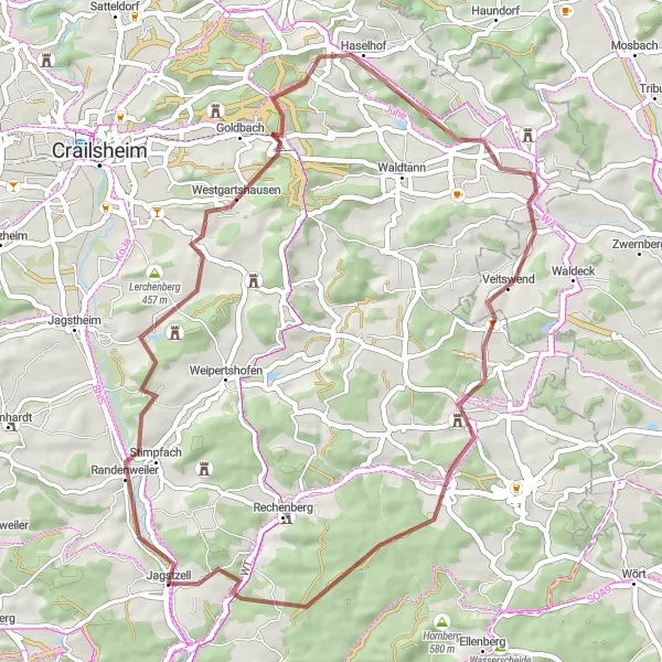 Map miniature of "Gravel Tour through Stimpfach and Wasserscheide Rhein/Donau" cycling inspiration in Stuttgart, Germany. Generated by Tarmacs.app cycling route planner
