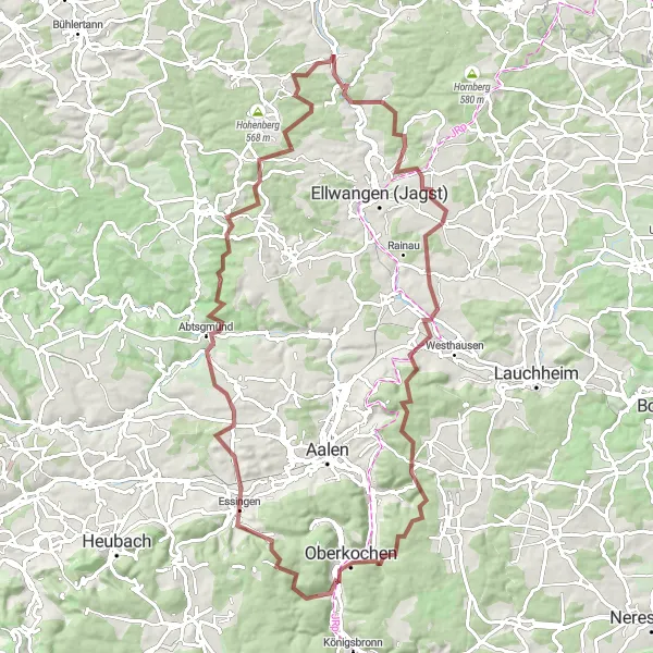 Map miniature of "Challenging Gravel Ride through Abtsgmünd and Essingen" cycling inspiration in Stuttgart, Germany. Generated by Tarmacs.app cycling route planner