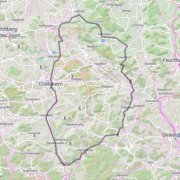 Map miniature of "Scenic Road Cycling Route to Marktlustenau and Jagstzell" cycling inspiration in Stuttgart, Germany. Generated by Tarmacs.app cycling route planner