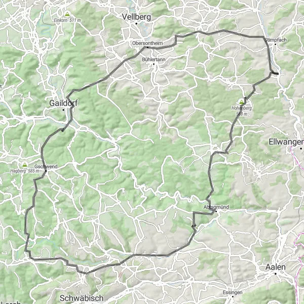 Map miniature of "Hohenberg Road Loop" cycling inspiration in Stuttgart, Germany. Generated by Tarmacs.app cycling route planner