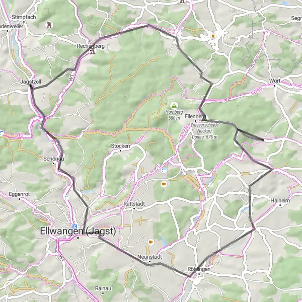 Map miniature of "Schloss Rechenberg Road Loop" cycling inspiration in Stuttgart, Germany. Generated by Tarmacs.app cycling route planner