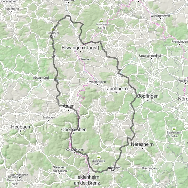 Map miniature of "Legendary Road Cycling Route to Aalen and Schloss ob Ellwangen" cycling inspiration in Stuttgart, Germany. Generated by Tarmacs.app cycling route planner