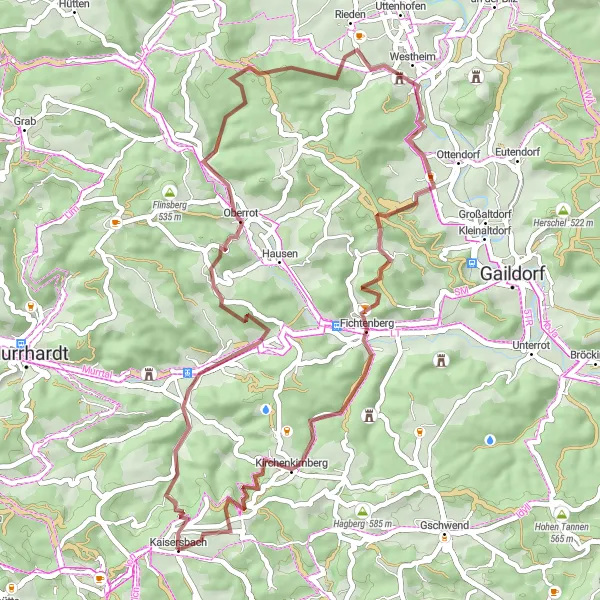 Map miniature of "Oberrot Gravel Loop" cycling inspiration in Stuttgart, Germany. Generated by Tarmacs.app cycling route planner