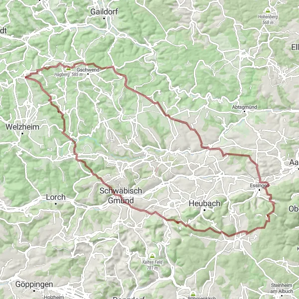 Map miniature of "Kaisersbach Gravel Adventure" cycling inspiration in Stuttgart, Germany. Generated by Tarmacs.app cycling route planner
