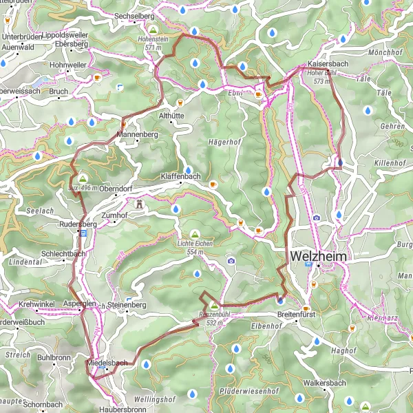Map miniature of "Gravel Adventure: Kaisersbach to Ebnisee Loop" cycling inspiration in Stuttgart, Germany. Generated by Tarmacs.app cycling route planner