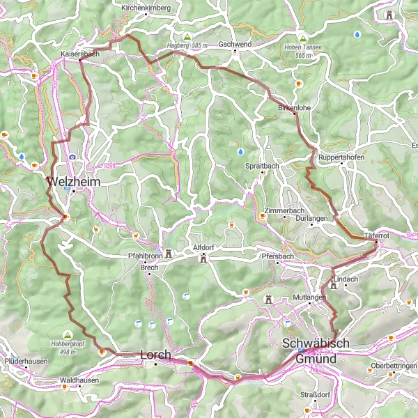 Map miniature of "Gravel Adventure: Kaisersbach to Rötelsee Loop" cycling inspiration in Stuttgart, Germany. Generated by Tarmacs.app cycling route planner