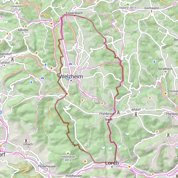 Map miniature of "Gravel Explorations: Kaisersbach to Gausmannsweiler Loop" cycling inspiration in Stuttgart, Germany. Generated by Tarmacs.app cycling route planner