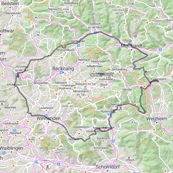 Map miniature of "Kaisersbach and Surroundings" cycling inspiration in Stuttgart, Germany. Generated by Tarmacs.app cycling route planner