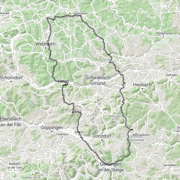 Karten-Miniaturansicht der Radinspiration "Road-Tour durch das Schwäbische Wald und das Remstal" in Stuttgart, Germany. Erstellt vom Tarmacs.app-Routenplaner für Radtouren