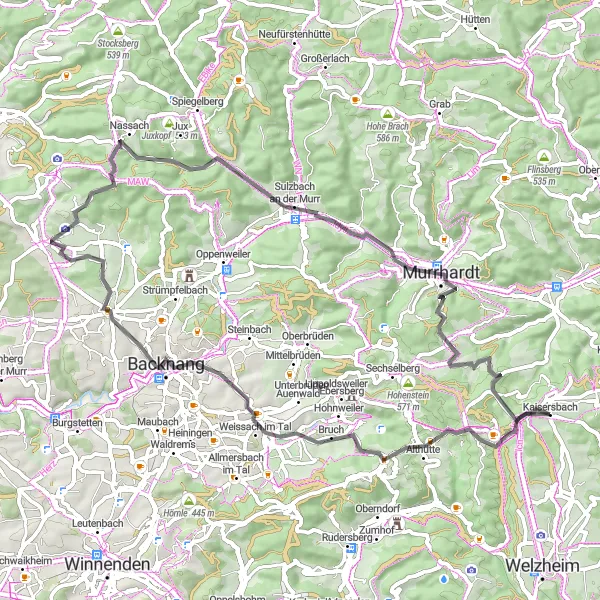 Map miniature of "Scenic Road Cycling: Kaisersbach to Hoher Bühl Loop" cycling inspiration in Stuttgart, Germany. Generated by Tarmacs.app cycling route planner