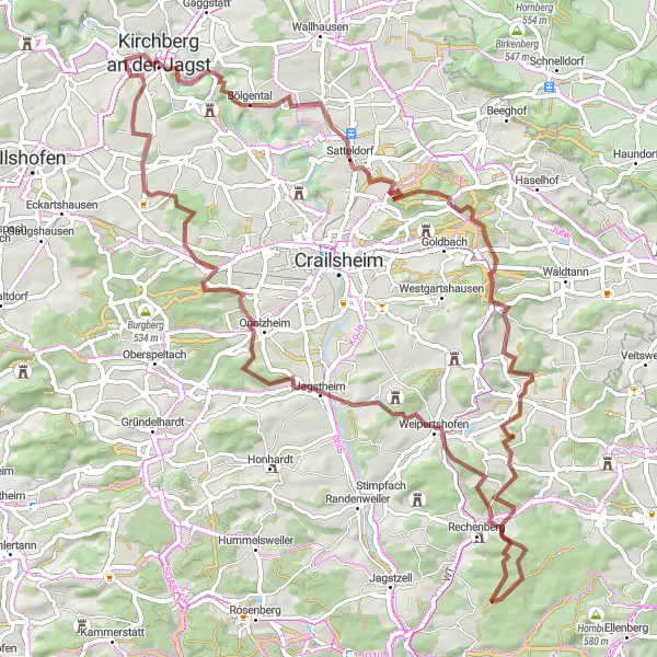 Karten-Miniaturansicht der Radinspiration "Gravel-Abenteuer durch das Jagsttal" in Stuttgart, Germany. Erstellt vom Tarmacs.app-Routenplaner für Radtouren