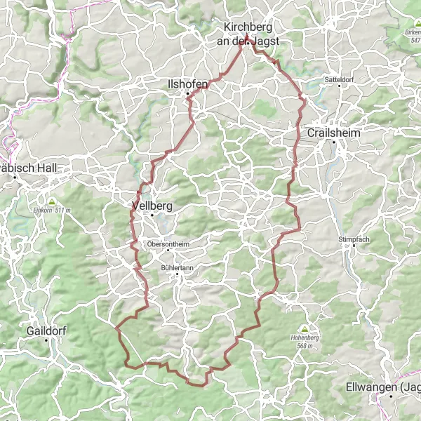 Karten-Miniaturansicht der Radinspiration "Gravel-Abenteuer um Kirchberg" in Stuttgart, Germany. Erstellt vom Tarmacs.app-Routenplaner für Radtouren