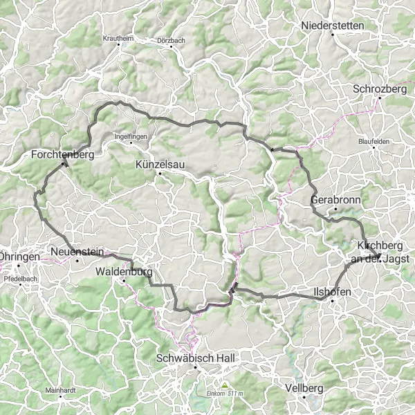 Map miniature of "Jagst Valley Adventure" cycling inspiration in Stuttgart, Germany. Generated by Tarmacs.app cycling route planner
