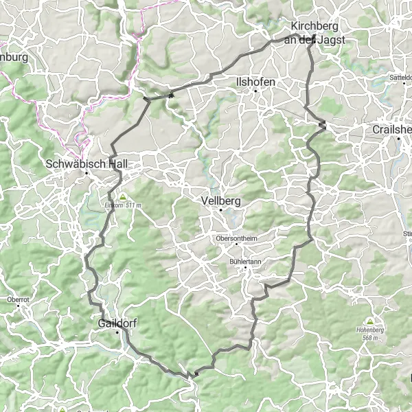 Karten-Miniaturansicht der Radinspiration "Rundfahrt von Kirchberg an der Jagst" in Stuttgart, Germany. Erstellt vom Tarmacs.app-Routenplaner für Radtouren