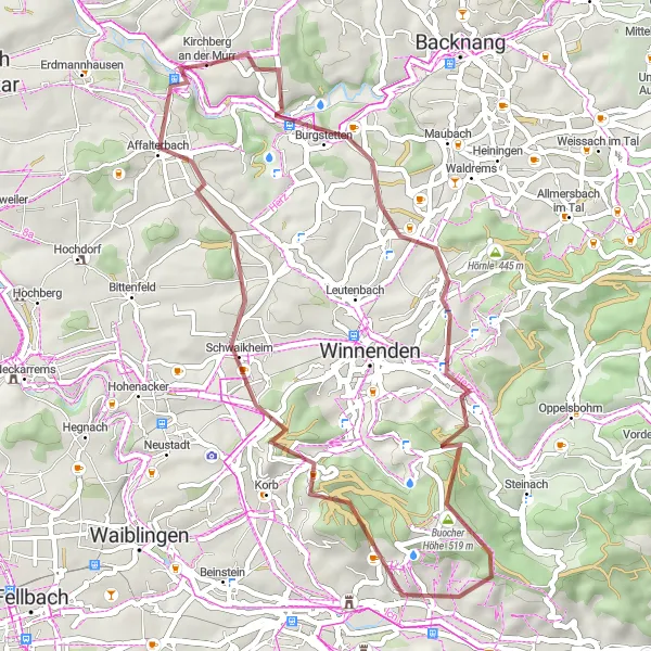 Karten-Miniaturansicht der Radinspiration "Rundfahrt um Kirchberg auf dem Murr-Gravelweg" in Stuttgart, Germany. Erstellt vom Tarmacs.app-Routenplaner für Radtouren