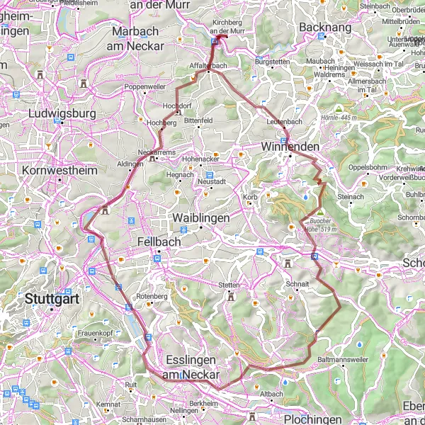 Map miniature of "Buocher Höhe Gravel Adventure" cycling inspiration in Stuttgart, Germany. Generated by Tarmacs.app cycling route planner
