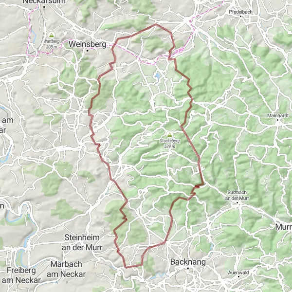 Map miniature of "Exploring the Gravel Paths of Kirchberg an der Murr" cycling inspiration in Stuttgart, Germany. Generated by Tarmacs.app cycling route planner