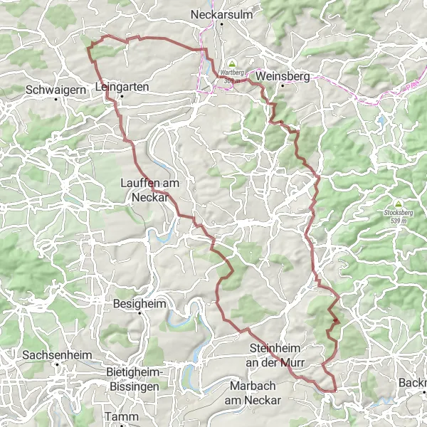 Map miniature of "Gravel Adventures Around Kirchberg" cycling inspiration in Stuttgart, Germany. Generated by Tarmacs.app cycling route planner