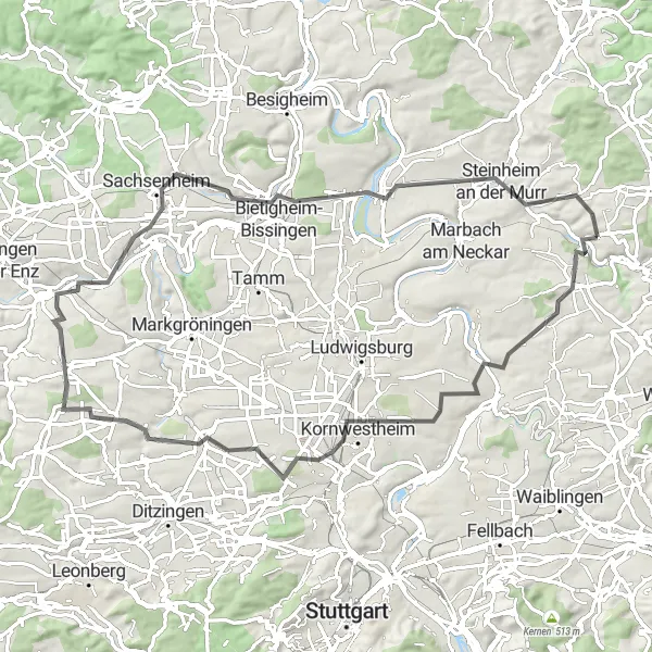 Map miniature of "Road Cycling Adventure to Murr" cycling inspiration in Stuttgart, Germany. Generated by Tarmacs.app cycling route planner