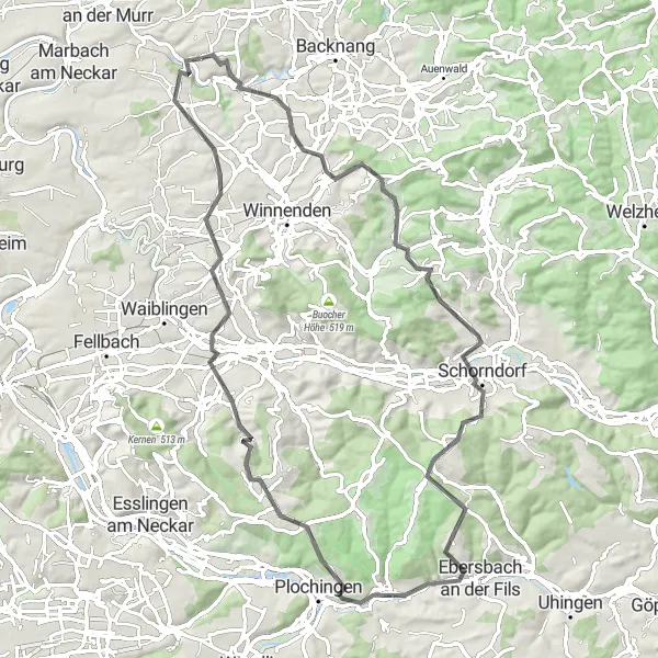 Map miniature of "Kirchberg - Reichenbach an der Fils Loop" cycling inspiration in Stuttgart, Germany. Generated by Tarmacs.app cycling route planner