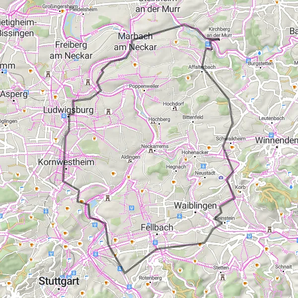 Map miniature of "Kirchberg - Marbach am Neckar Loop" cycling inspiration in Stuttgart, Germany. Generated by Tarmacs.app cycling route planner